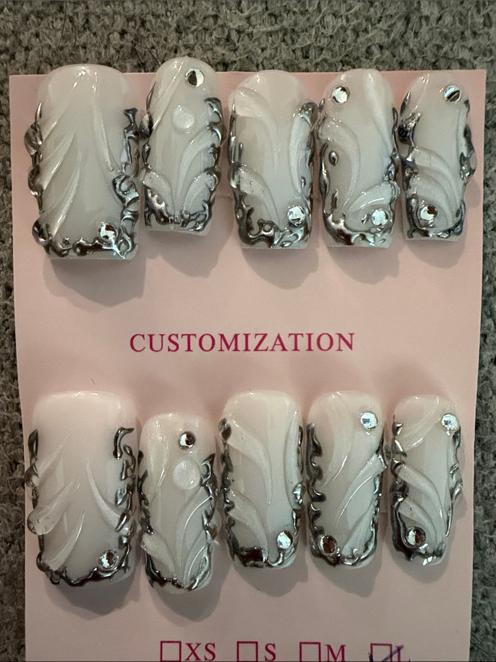 Elegant White and Silver Sculpted handmade acrylic Press-On Nail Set